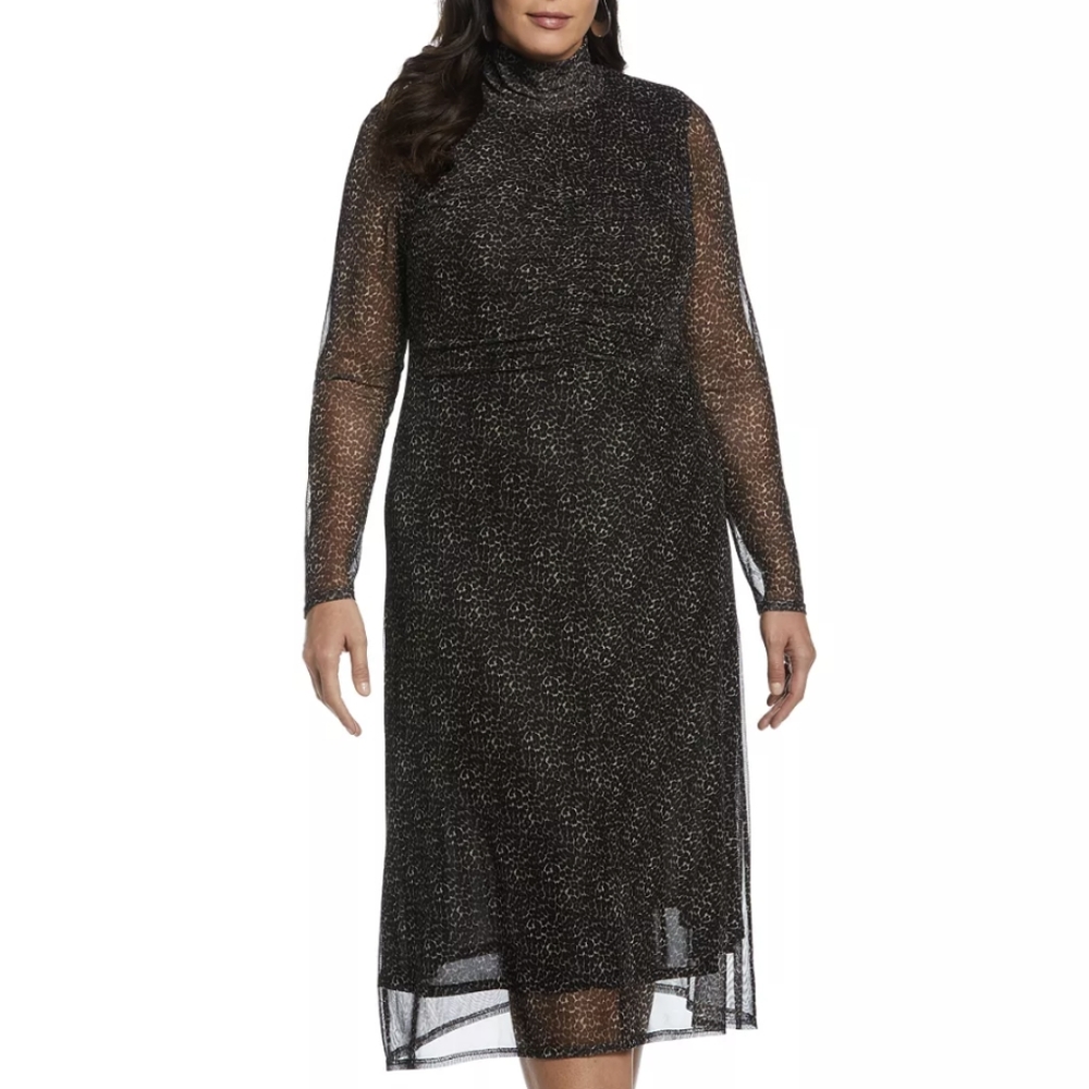 ELLA RAFAELLA Plus Size Mock Neck Mesh Long Sleeve Midi Dress - XXL